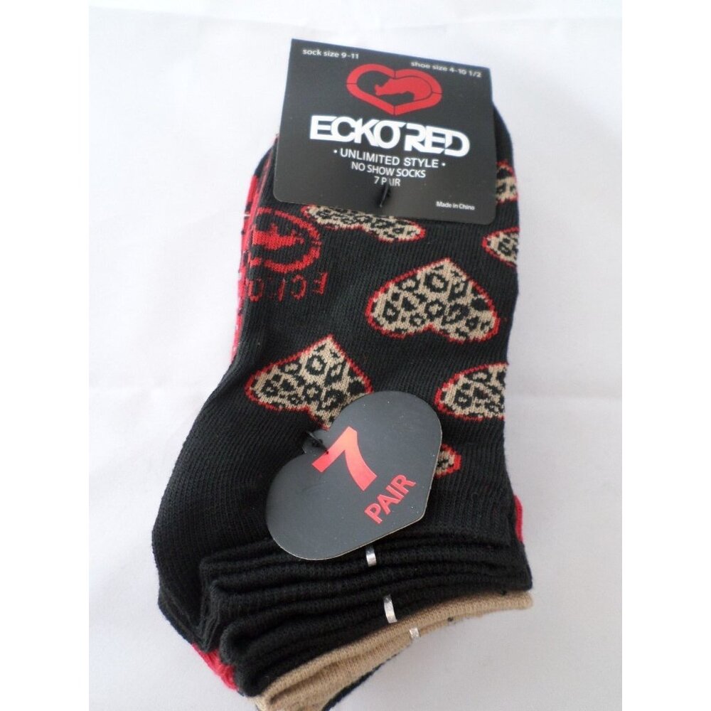 7 Pair Ecko Red No Show Socks Cheetah Hearts Black Red 4-10 1/2